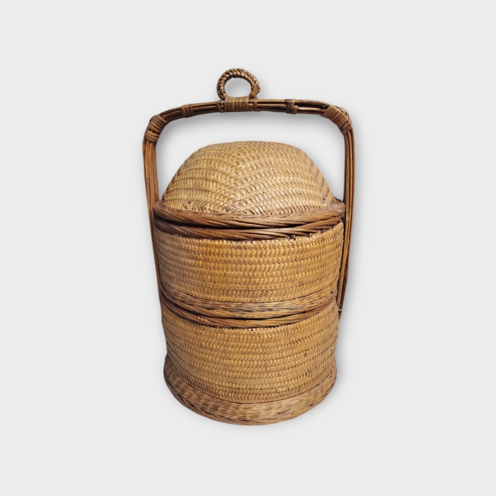 Vintage 2 Tier Japanese Chinese Wedding Basket Hand Woven  Lid Handle 18×12